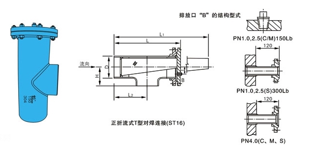 ST16焊接T型過濾器正折流外形結構圖 ST36焊接T型過濾器(圖6)