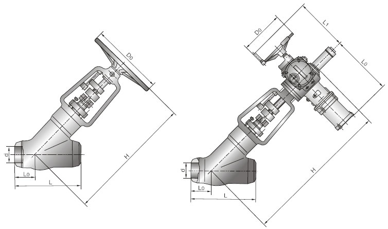 J65Y-磅級Y型截止閥外形結構圖 J65Y-磅級Y型截止閥(圖1)