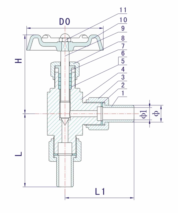 J24W-40P-64P-160P-320P外螺紋角式針型閥外形結構圖 J24W-40P-64P-160P-320P針型閥(圖1)