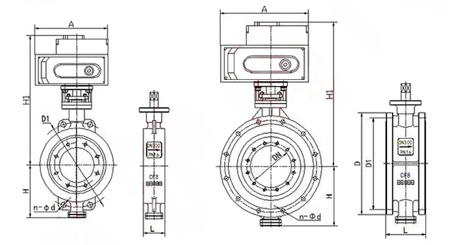 D973H電動三偏心調節蝶閥外形結構圖 D973H電動三偏心調節蝶閥(圖1)