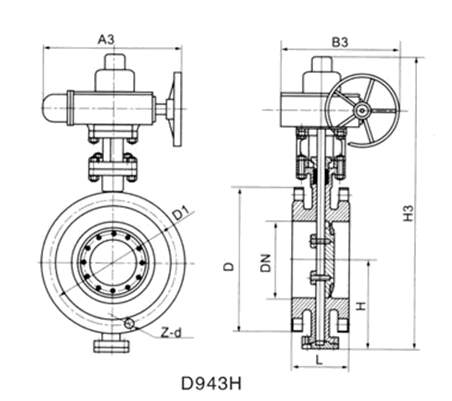 D943H電動法蘭式硬密封蝶閥外形結(jié)構(gòu)圖 D943H電動法蘭式硬密封蝶閥(圖1)