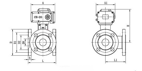 Q944F/Q945F電動三通球閥外形結構圖 電動低溫三通球閥(圖3)