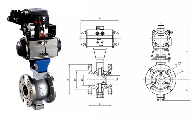 VQ640(F/H/Y)法蘭式氣動V型球閥外形結構圖 氣動V型球閥(圖3)
